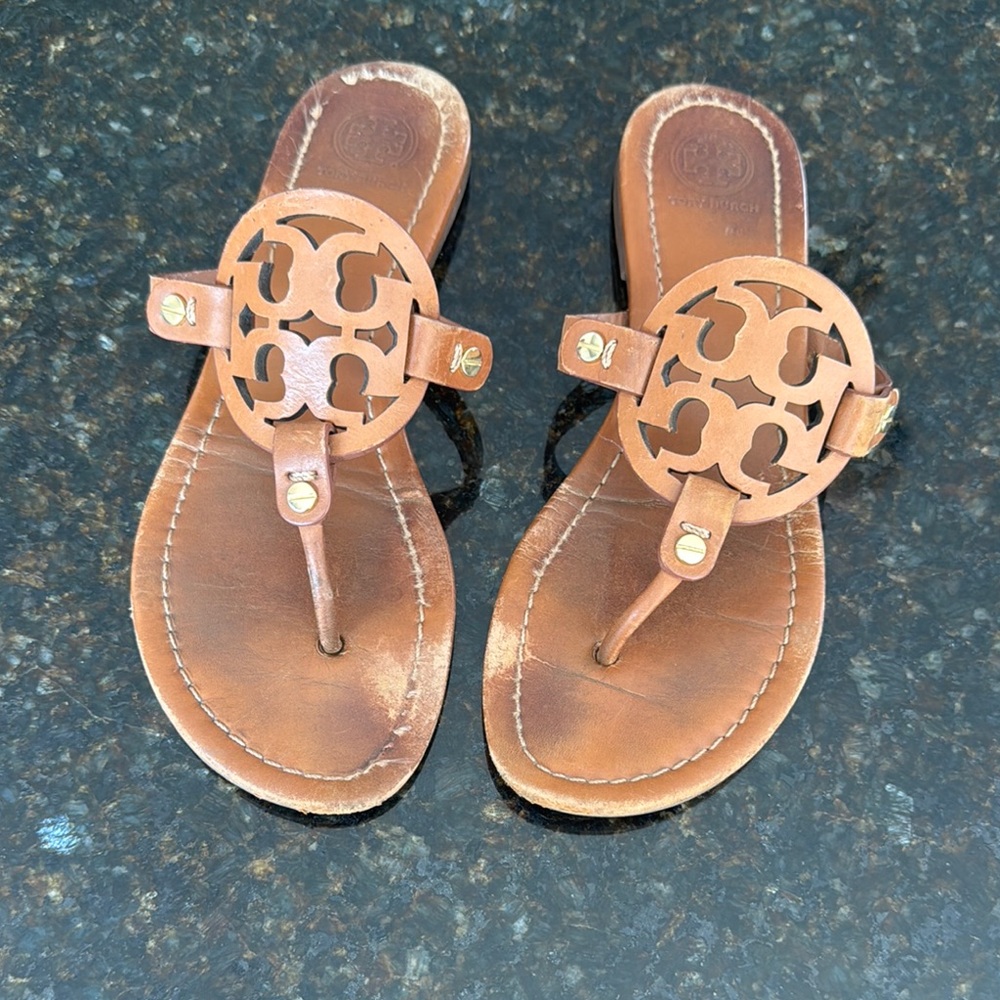 Tory Burch Brown Sandals with Signature Medallion used